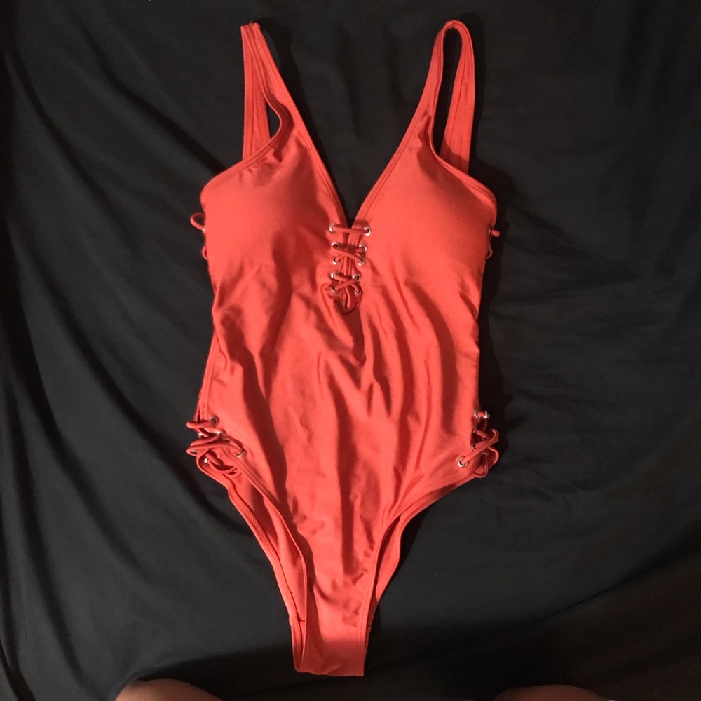 Rust lace up one piece swimsuit